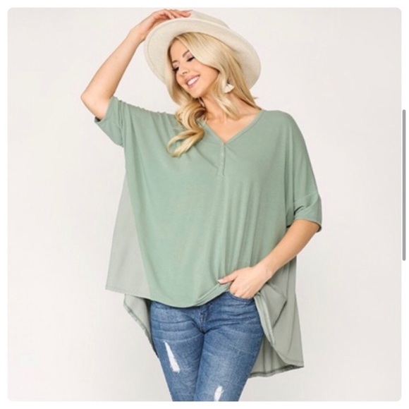 Green V Neck High Low Blouse - Picture 2 of 7
